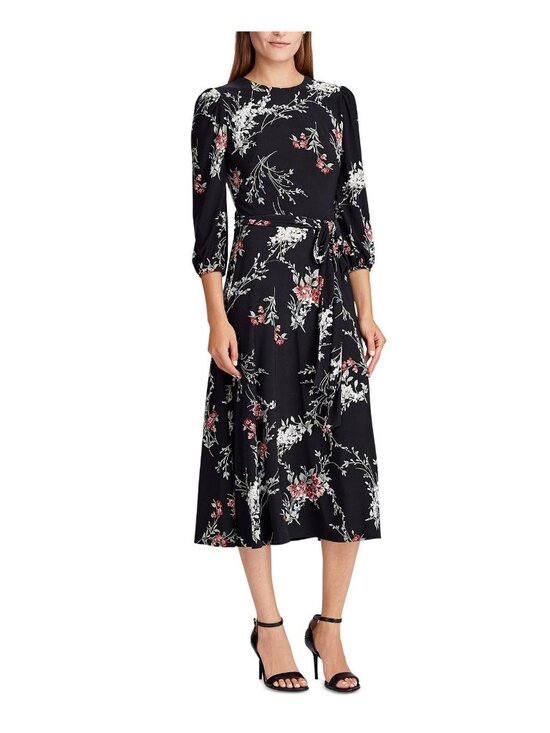 Lauren Ralph Lauren Dresses & Skirts - Lauren Ralph Lauren Dress Size 12 Midi Black Floral Print 3/4 Sleeves Keyhole